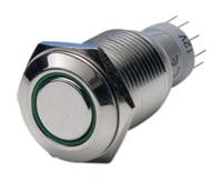 mp00451e2gn012 Bulgin MP0045 Series Illuminated Push Button Switch, Latching, Panel Mount, 16.2mm Cutout, DPDT, Green LED, 50V