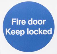 146-357 Vinyl Polyester Fire Safety Sign, Fire Door Keep Locked With English Text Self-Adhesive
