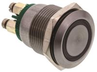 mpi002termgn Bulgin MPI002 Series Illuminated Push Button Switch, Momentary, Panel Mount, 19.2mm Cutout, SPST, Green LED, 24V dc,