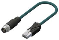 208-0550 RS PRO, 3m Cat5e, Teal M12 to Male RJ45 Male, Tinned Copper Braid Shielded, Terminated PUR Sheath