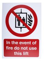 763-1853 PP Rigid Plastic Fire Safety Sign, In The Event Of Fire Do Not Use This Lift With English Text