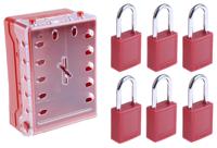 compact-lock-box6-red-keyed-diff-locks Brady 6 Padlock Lockout Station, 69.7 x 148.5 x 100.3mm