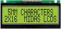 mc21605f6we-sptly Midas MC21605F6WE-SPTLY F Alphanumeric LCD Display Yellow-Green, 2 Rows by 16 Characters, Transflective