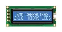 mc21605b6wd-bnmlw-v2 Midas MC21605B6WD-BNMLW-V2 B Alphanumeric LCD Display, Blue on White, 2 Rows by 16 Characters, Transmissive