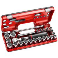 sxldbox2 Facom 25-Piece Metric 1/2 in Standard Socket Set with Ratchet, 6 point