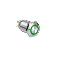 mpi005r28lsgn12 Bulgin MPI005 Series Illuminated Push Button Switch, Latching, Panel Mount, 19.2mm Cutout, SPST, Green LED, 12V, IP65
