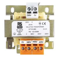 123-5698 RS PRO 20VA DIN Rail Transformer, 380 → 420V ac Primary, 230V ac Secondary