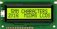 mc21605a6wk-sptly-v2 Midas MC21605A6WK-SPTLY-V2 Alphanumeric LCD Alphanumeric Display, 2 Rows by 16 Characters