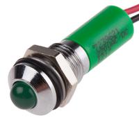 723-9621 RS PRO Green Panel Mount Indicator, 220V ac, 8mm Mounting Hole Size, Lead Wires Termination, IP67