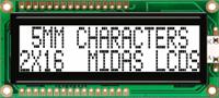mc21605g6wk-fptlw-v2 Midas MC21605G6WK-FPTLW-V2 Alphanumeric LCD Alphanumeric Display, 2 Rows by 16 Characters