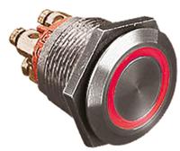 mpi002termd4 Bulgin MPI002 Series Illuminated Push Button Switch, Momentary, Panel Mount, 19.2mm Cutout, SPST, Red/Blue LED, 24V dc,