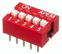 nds-05-v APEM 5 Way Through Hole DIP Switch SPST, Raised Actuator
