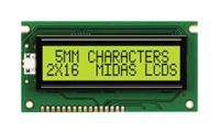 mc21605a6w-spr-v2 Midas MC21605A6W-SPR-V2 A Alphanumeric LCD Display, 2 Rows by 16 Characters, Reflective