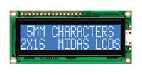 mc21605g6wd-bnmlw-v2 Midas MC21605G6WD-BNMLW-V2 G Alphanumeric LCD Display, Blue on White, 2 Rows by 16 Characters, Transmissive
