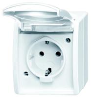 20-ew-54 Busch Jaeger - ABB White 1 Gang Plug Socket, 2 Poles, 16A, Type F - German Schuko, Outdoor Use