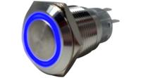 rnd-210-00401 RND RND 210 Series Illuminated Vandal Proof Push Button Switch, On-(On), Panel Mount, 19mm Cutout, 1NC, 1NO, Blue LED,