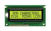 mc21605a6wd-sptly-v2 Midas MC21605A6WD-SPTLY-V2 A Alphanumeric LCD Display Yellow-Green, 2 Rows by 16 Characters, Transflective